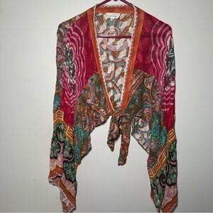 By Anthropologie Boho Multicolor Paisley Printed Hippie Cropped Front Tie Kimono